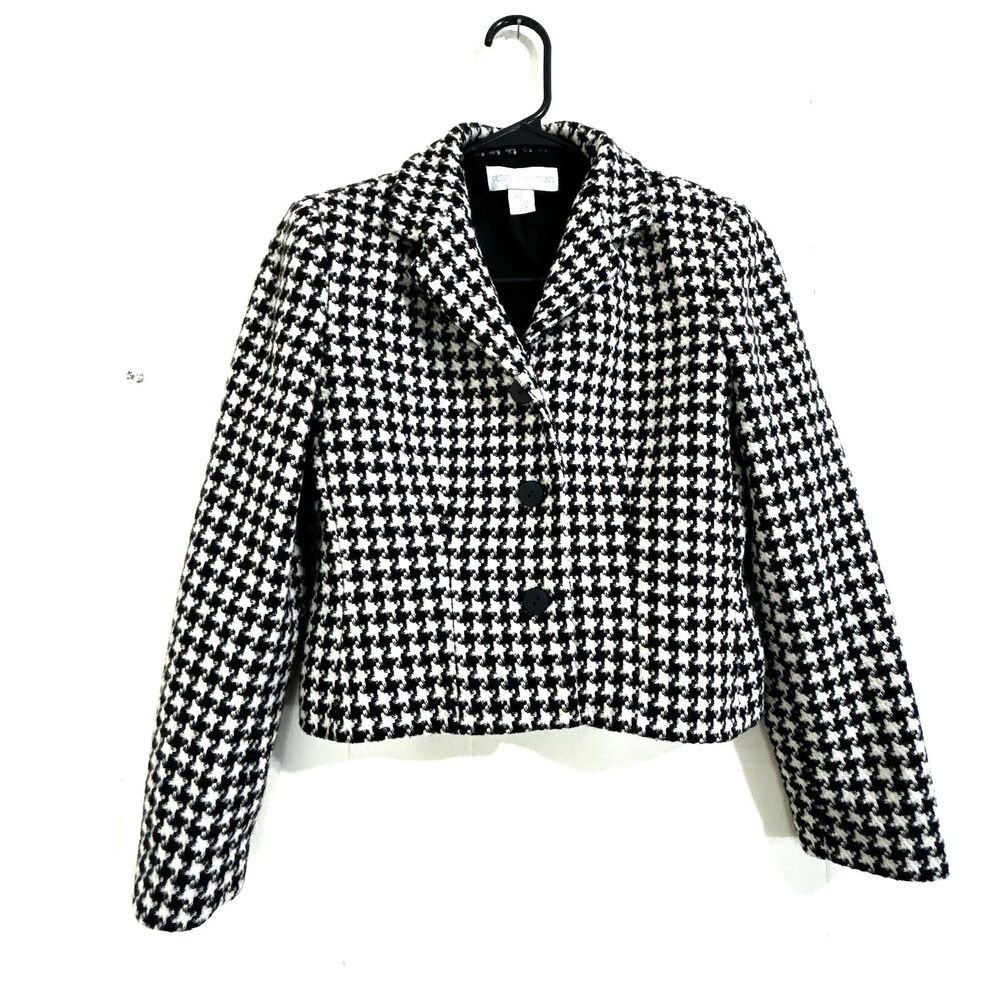 Petite Sophisticate Houndstooth Wool Blazer Jacket Size 2 Black White Buttons